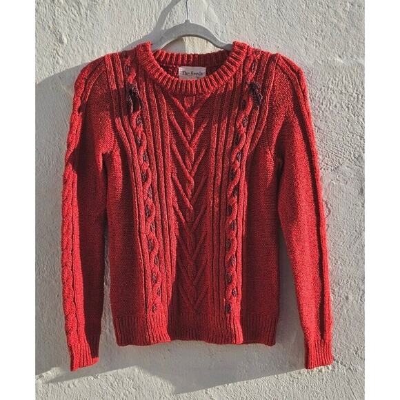 The Reeds Sweater Womens Small Red Cable Knit Lace Up Bow Preppy Chunky Academia - Picture 1 of 9